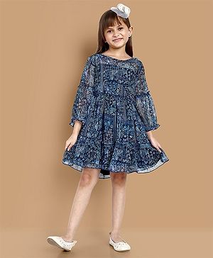 Little Marine Three Fourth Sleeves Paisley Printed  A Line Dress - Blue