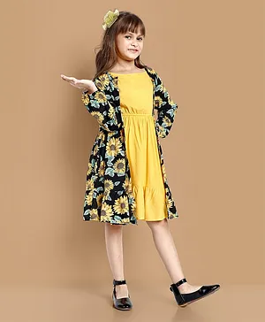Little Marine Full Sleeves Sunflower Printed Shrug With Solid Fit & Flare Midi Dress - Yellow