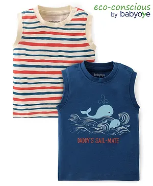 Babyoye 100% Cotton with Eco Jiva Finish Sleeveless Striped & Whale Printed T-Shirt Pack of 2 - Blue & Beige
