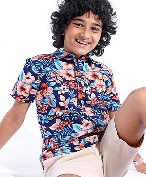 Pine Kids 100% Cotton Woven Half Sleeves Tropical Printed Shirt - Navy Blue