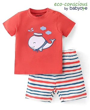 Babyoye 100% Cotton With Eco Jiva Finish Half Sleeves T-Shirt & Shorts Set Stripes & Marine Life Embroidery - Multicolor