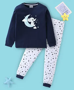 BLUSHES Full Sleeves Baby Elephant & Seamless Stars Printed Night Suit - Navy Blue