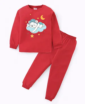 BLUSHES Full Sleeves Sleeping Baby Bear Printed Night Suit - Red