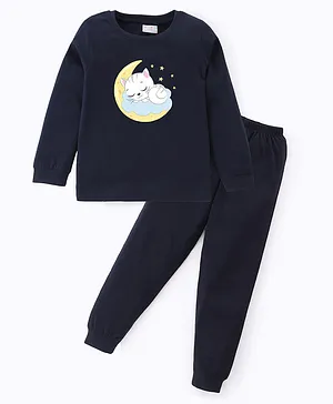 BLUSHES Full Sleeves Sleeping Baby Cat& Stars Printed Night Suit - Navy Blue