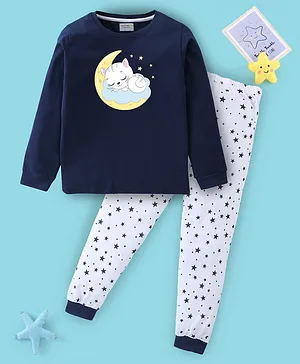 BLUSHES Full Sleeves Kitten & Seamless Stars Printed Night Suit - Navy Blue