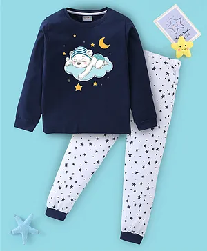 BLUSHES Full Sleeves Sleeping Baby Bear & Seamless Stars Printed Night Suit - Navy Blue