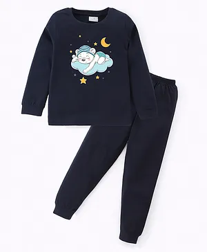 BLUSHES Full Sleeves Sleeping Bear & Stars Printed Night Suit - Blue