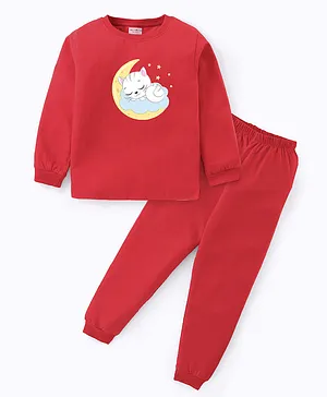 BLUSHES Full Sleeves Sleeping Kitten & Moon Printed Night Suit - Red