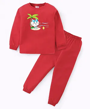 BLUSHES Full Sleeves Fishing Kitten Printed Night Suit - Red