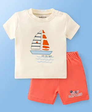 Babyoye 100% Cotton with Eco Jiva Finish Half Sleeves T-Shirt and Shorts Set Boat Print - Off White & Red