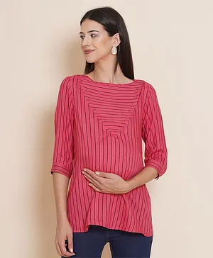 Mine4Nine Three Fourth Sleeves Striped Maternity Top With Concealed Nursing Access - Pink