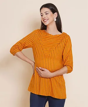 Mine4Nine Three Fourth Sleeves Striped Maternity Top With Concealed Nursing Access -Mustard Yellow