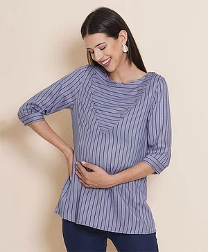 Mine4Nine Three Fourth Sleeves Striped Maternity Top With Concealed Nursing Access -Grey