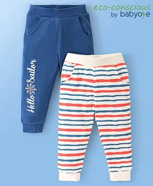 Babyoye 100% Cotton With Eco Jiva Finish Full Length Lounge Pants Stripes & Text Print- Blue & White