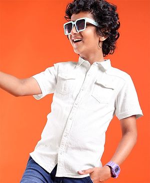 Pine Kids Cotton Woven Half Sleeves Washed Denim Shirt - White