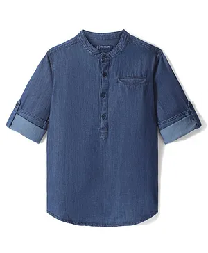 Pine Kids Full Sleeves Denim Solid Colour Mandarin Neck Shirt - Blue