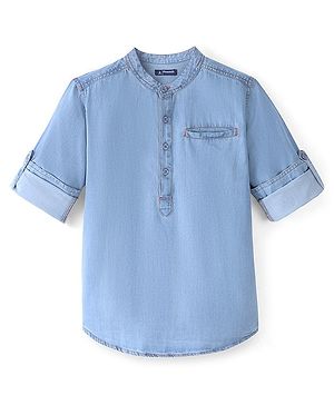 Pine Kids Full Sleeves Denim Solid Colour Mandarin Neck Shirt - Blue