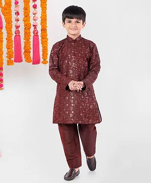 Pehanaava Full Sleeves Seamless Paisley Design Embroidered & Sequin Embellished Kurta With Pyjama - Wine Maroon