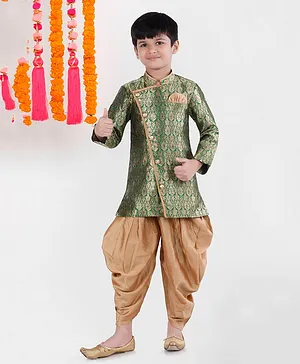 Pehanaava Full Sleeves Seamless Ethnic Flower & Leaf Woven Designed Sherwani & Dhoti - Green & Golden