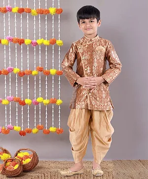Pehanaava Full Sleeves Seamless Ethnic Flower & Leaf Woven Designed Sherwani & Dhoti - Maroon & Golden