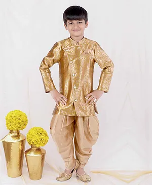 Pehanaava Full Sleeves Seamless Ethnic Flower & Leaf Woven Designed Sherwani & Dhoti - Yellow & Golden