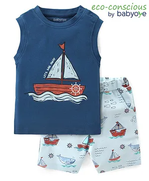 Babyoye 100% Cotton with Eco Jiva Finish Ship Printed Sleeveless Tshirt and Shorts -Blue