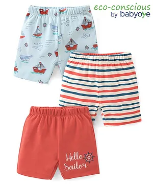 Babyoye 100% Cotton with Eco Jiva Finish Stripes & Boats Printed Mid Thigh Length Shorts Pack of 3 - Blue & Red
