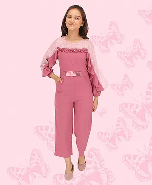 Cutecumber Full Sleeves Frill Detailed Floral Printed & Pearl Embellished Jumpsuit  - Rust Pink