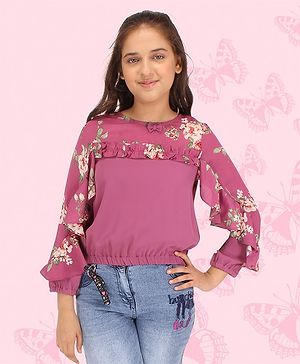 Cutecumber Full Sleeves Floral Printed Frill Detailed Shift Top - Purple