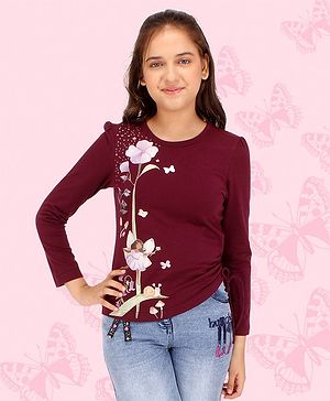 Cutecumber Full Sleeves Floral Printed Top - Plum Maroon