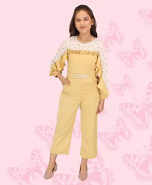 Cutecumber Full Sleeves Frill Detailed Floral Printed & Pearl Embellished Jumpsuit - Yellow