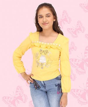 Cutecumber Full Sleeves Girl Printed Shimmer Detailed Top - Yellow