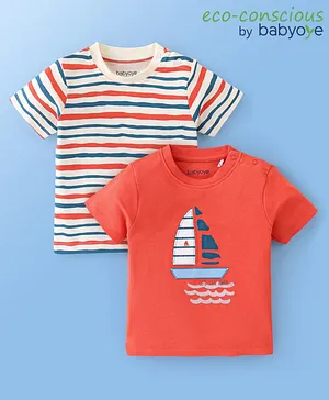 Babyoye 100% Cotton with Eco Jiva Finish Half Sleeves Striped & Ship Printed T-Shirts Pack of 2 - Multicolour