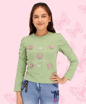 Cutecumber Full Sleeves Floral Applique Detailed & Text Stone Embellished Top - Green