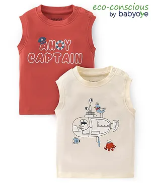 Babyoye 100% Cotton With Eco Jiva Finish Sleeveless T-Shirts Marine Life Print Pack Of 2 - Red & Off White