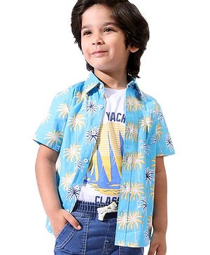 Pine Kids Cotton Half Sleeves Palm Tree Printed Shirt - Blue