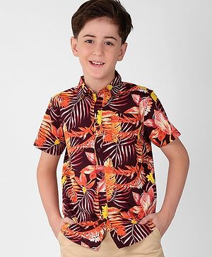 Pine Kids Cotton Woven Half Sleeves Leafy Print Shirt - Multicolour