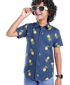 Pine Kids Cotton Woven Half Sleeves Pineapple Printed Shirts - Blue