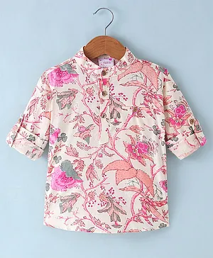Ridokidz Full Sleeves Floral Printed Kurta  - Cream