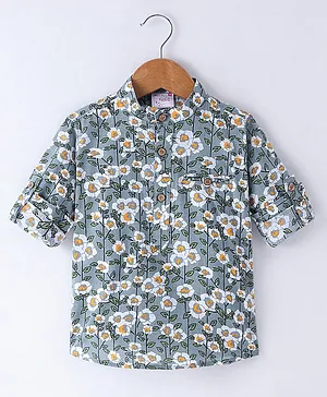 Ridokidz Full Sleeves Floral Printed Kurta  - Grey