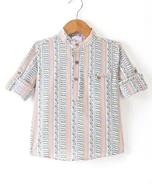 Ridokidz Full Sleeves Striped Pattern Leaves Printed Kurta  - Multi Colour