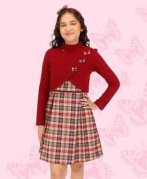 Cutecumber Full Sleeves Bow Applique Jacket With Plaid Checked  Dress - Maroon