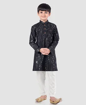 Pehanaava Full Sleeves Seamless Paisley Design Embroidered & Sequin Embellished Kurta With Pyjama - Black