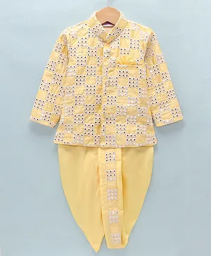 Ridokidz Full Sleeves Mirror Embroidered Kurta With Coordinating   Dhoti Set - Yellow