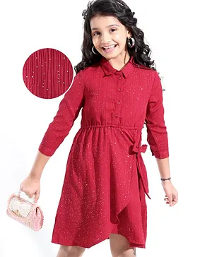 Hola Bonita Full Sleeves Crinkle Fabric With Glitter Knee Length Frock - Red