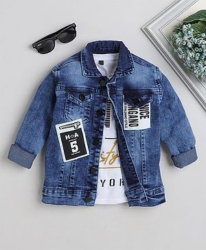 Ministitch Full Sleeves Patch Detailed Denim Jacket With Text Printed Tee - Blue