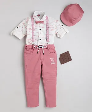 Ministitch Full Sleeves Abstract Printed Shirt With Pant & Suspender Cap  With Bow  - Pink