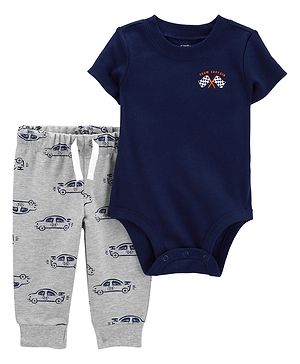 Carter's Half Sleeves  Onesie with Car Printed Leggings- Navy