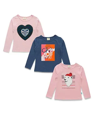 JusCubs Pack Of 3 Full Sleeves Floral Heart & Polar Bear Printed Tees - Pink & Blue