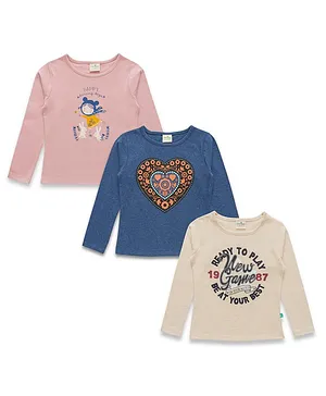 JusCubs Pack Of 3 Full Sleeves Floral Heart & Doll Printed Tees - Pink & Blue